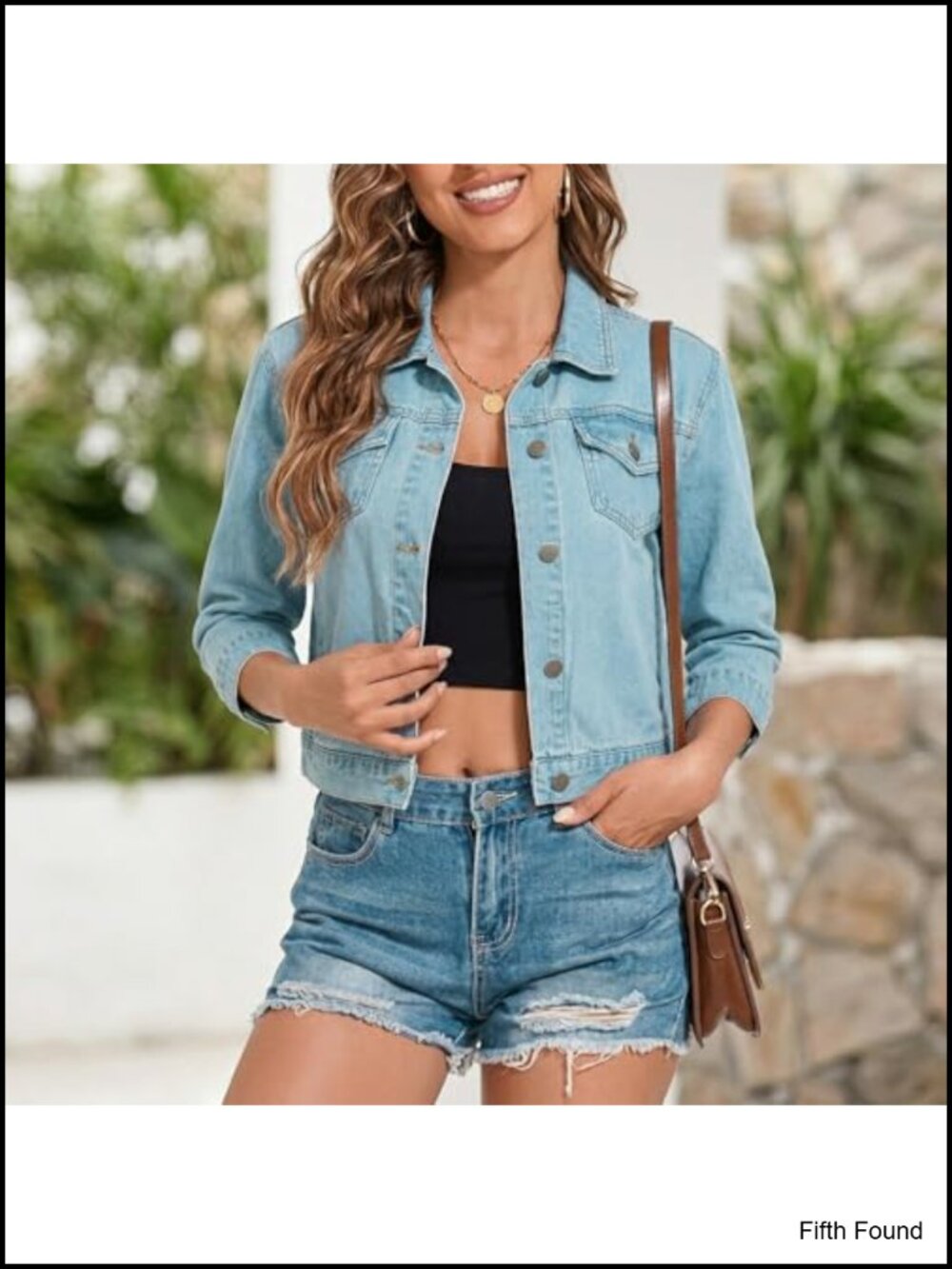 3/4 Sleeve Cropped Denim Jacket with Pockets Button Front - Picture 2 of 6